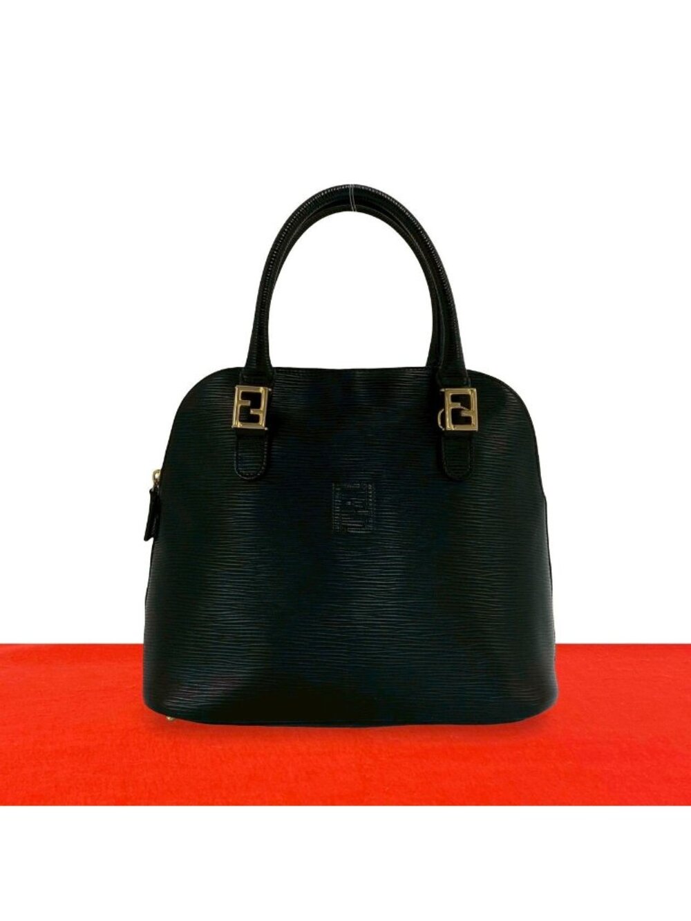Fendi FF Logo Hardwar Epi Leather Round Zip Handbag Mini Tote Black